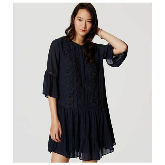 LOFT Size 6P Navy Blue Long Sleeve Drop Waist Lace Trim Dress - Picture 1 of 10